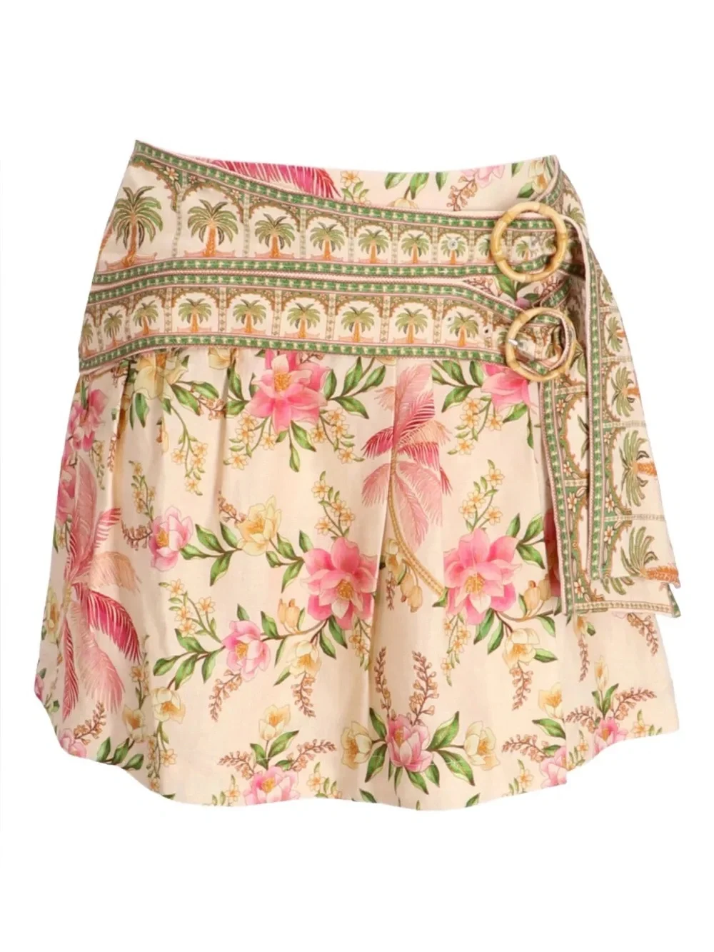 FARM Rio Palm Dream Mini Skirt Large Floral Linen Wrap Bamboo Buckles NWT